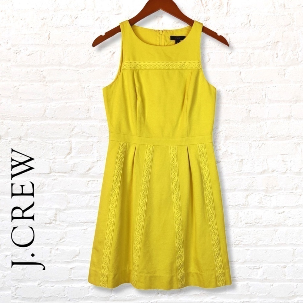 J. Crew Sleeveless Yellow Pleated Dress with Lace Trim